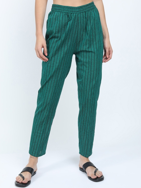 Vishudh Women Green Striped Cotton Trousers
