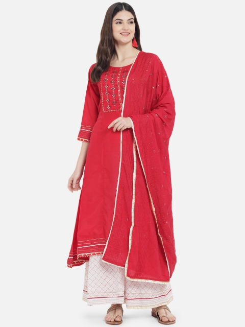 Kiana Women Red Floral Embroidered Panelled Mirror Work Kurta with Sharara & With Dupatta
Kiana Women Red Floral Embroidered Panelled Mirror Work Kurta with Sharara & With Dupatta