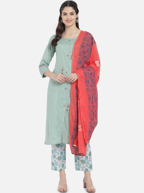 Kiana Women Green & Red Floral Embroidered Pure Cotton Kurta With Trousers & Dupatta
Kiana Women Green & Red Floral Embroidered Pure Cotton Kurta With Trousers & Dupatta