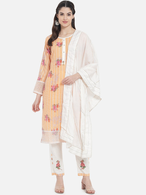 Kiana Women Orange Floral Printed Pure Cotton Kurta with Trousers & With Dupatta 
Kiana Women Orange Floral Printed Pure Cotton Kurta with Trousers & With Dupatta