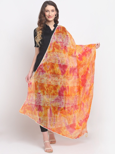 SOUNDARYA Orange & Pink Printed Leheriya Dupatta