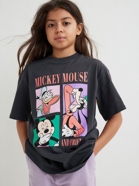 H&M Girls Grey & White Oversized Printed Round Neck Cotton T-shirt