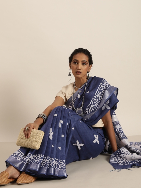 Taavi Blue & White Batik Block Print Saree