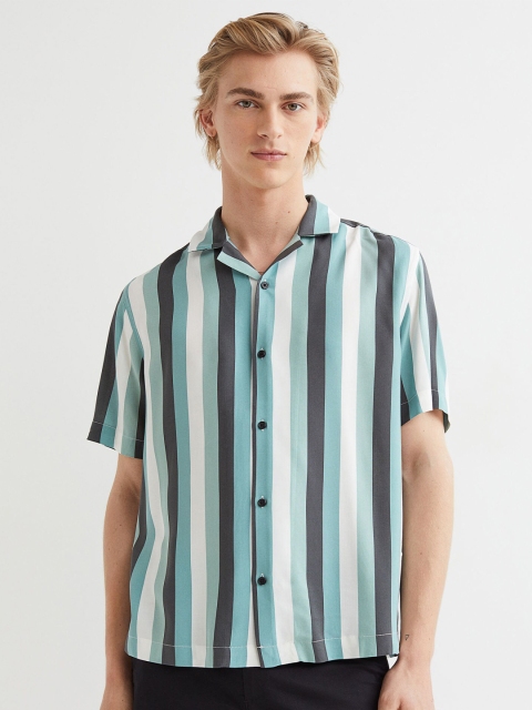 H&M Men Turquoise Blue & Grey Regular Fit Resort Shirt