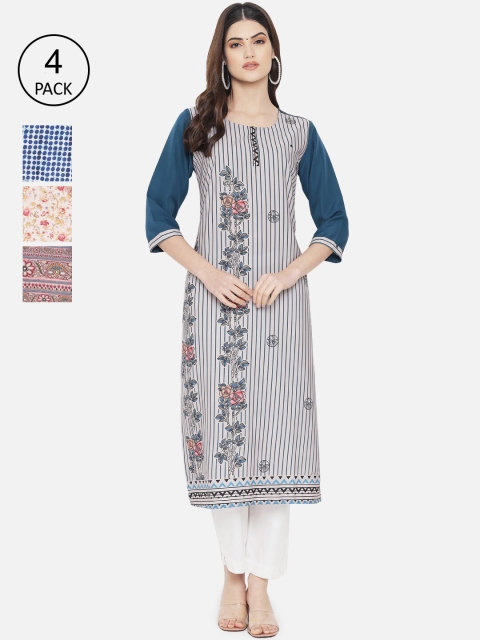 Ethnic basket Women Pack Of 4 Multi Floral Printed Thread Work Crepe Kurta