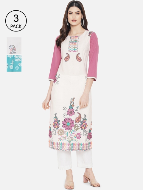 Ethnic basket Women Pack of 3 Multicoloured Floral Printed Crepe Kurta, Multi