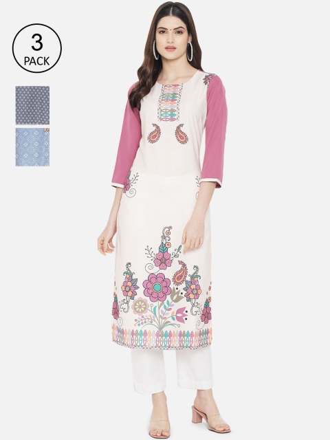 Ethnic basket Women Grey & Pink Geometric Printed Crepe Kurta Set Of 3