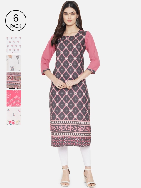 Ethnic basket Women Pack of 6 Digital Printed Straight Kurtas, Grey