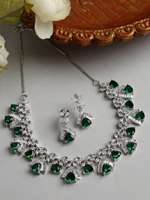 ZENEME Women Rhodium-Plated Silver Toned White & Green AD Stone-Studded Contemporary Design Jwellery Set, Blue
ZENEME Women Rhodium-Plated Silver Toned White & Green AD Stone-Studded Contemporary Design Jwellery Set, Blue