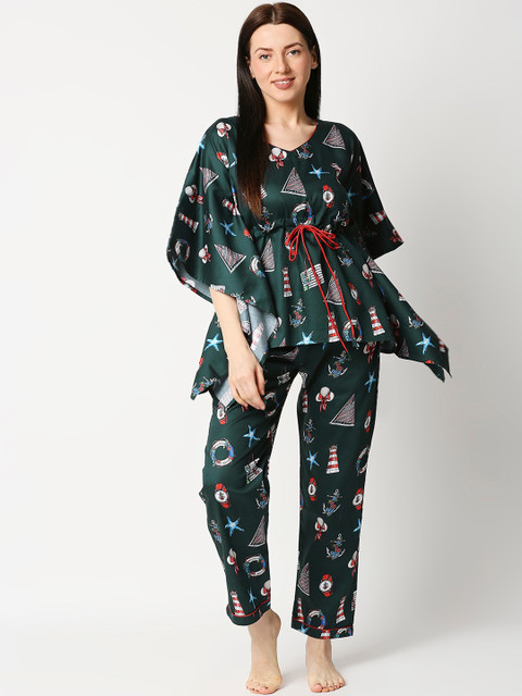 Pyjama Party Women Green & Red Printed Cotton Night suit
Pyjama Party Women Green & Red Printed Cotton Night suit