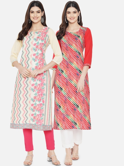 Ethnic basket Women Pack of 2 Beige & Red Ethnic Motifs Printed Crepe Kurta
