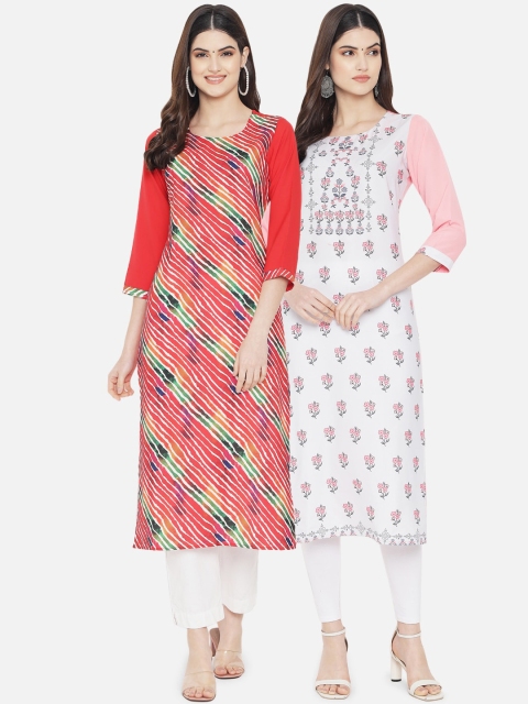Ethnic basket Women Red & Pink Striped Crepe Kurta Set Of 2