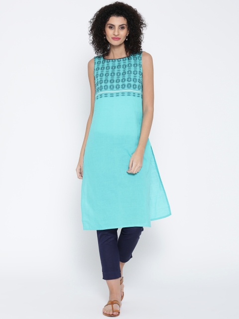 AURELIA Women Blue Solid Straight Kurta