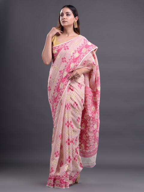 Mitera Pink & White Woven Design Pure Cotton Jamdani Saree