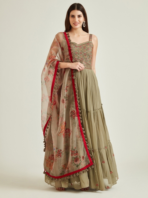 Neerus Women Green Floral Embroidered Mirror Work Georgette Anarkali Tiered Kurta & Dupatta
Neerus Women Green Floral Embroidered Mirror Work Georgette Anarkali Tiered Kurta & Dupatta
