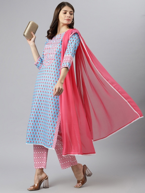 KALINI Women Blue Printed Patchwork Kurta with Trousers & With Dupatta