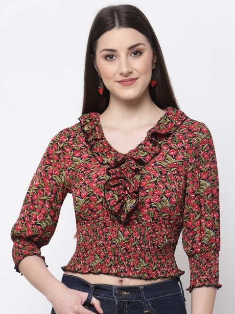 Mafadeny Red Floral Print Ruffles Georgette Crop Top