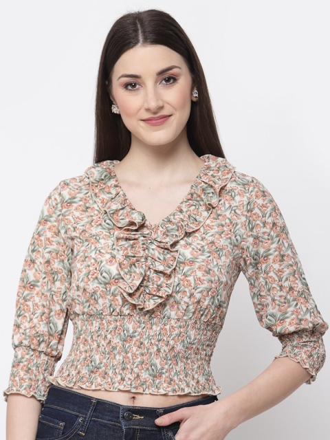 Mafadeny Off White Floral Print Ruffles Georgette Crop Top
