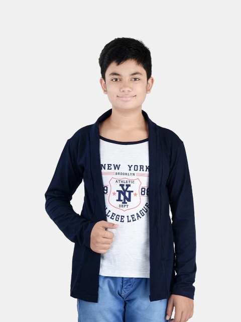Fabshio Boys Navy Blue & White Varsity Printed Slim Fit T-shirt With Attached Shrug
Fabshio Boys Navy Blue & White Varsity Printed Slim Fit T-shirt With Attached Shrug