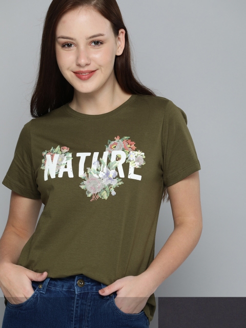 Mast & Harbour Women Pack of 2 Cotton T-shirts, Olive