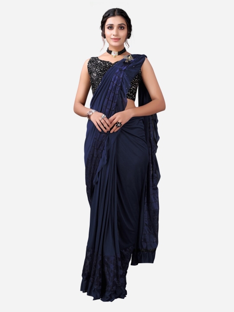 SIRIL Navy Blue Solid Poly Silk Ready To Wear Saree