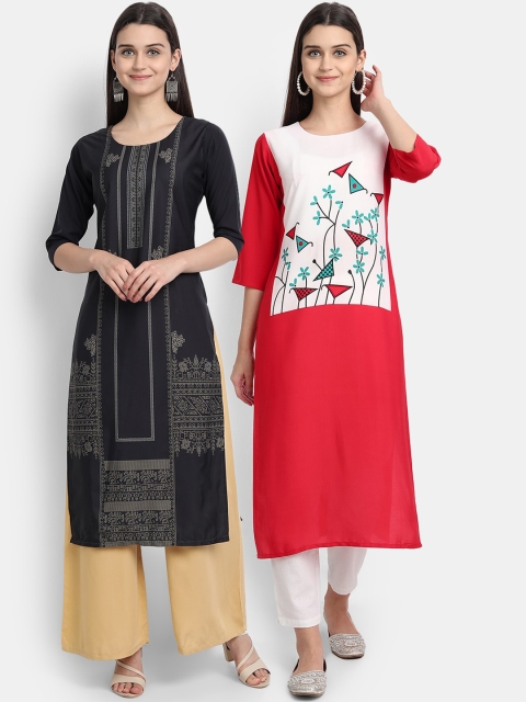Ethnic basket Women Black & White Pack Of 2 Floral Printed Kurta