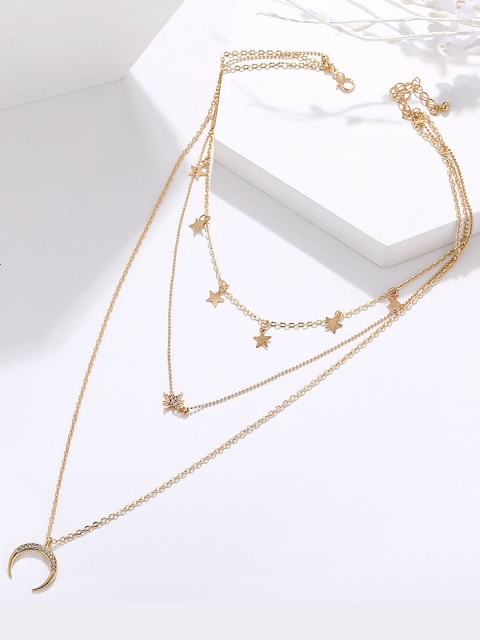 Vembley Gold-Plated Triple Layered Studded Star Moon Pendant Necklace With Earrings Set
Vembley Gold-Plated Triple Layered Studded Star Moon Pendant Necklace With Earrings Set