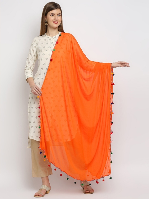 Dupatta Bazaar Orange Solid Dupatta with Pompom