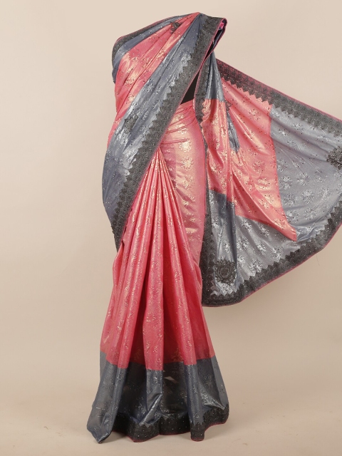 Pothys Pink & Grey Embellished Beads and Stones Jute Silk Saree