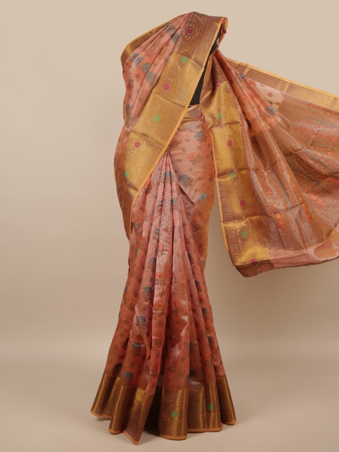 Pothys Peach-Coloured & Green Floral Saree
