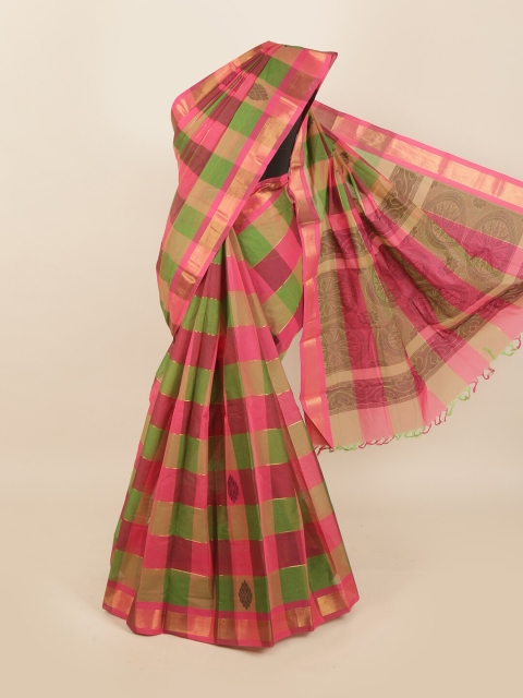 Pothys Green & Pink Checked Saree