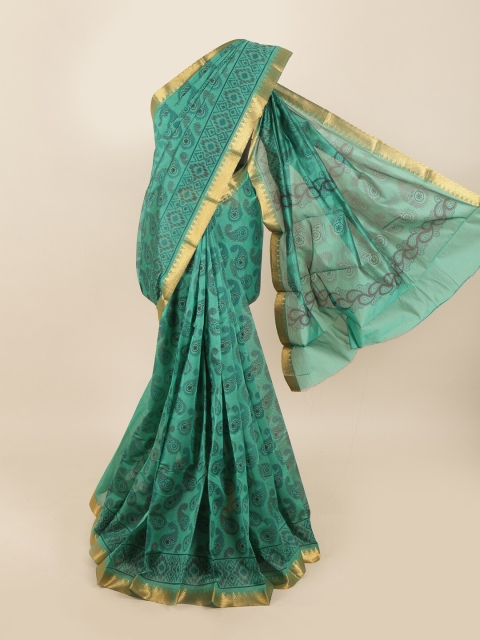 Pothys Green & Gold-Toned Paisley Silk Cotton Saree