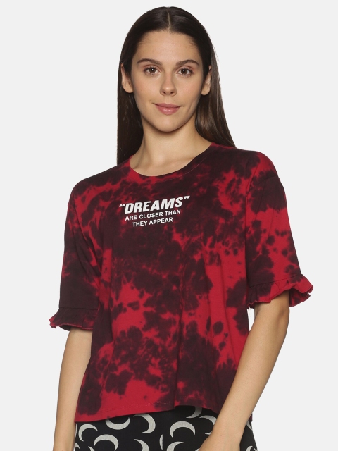OHA BOY Women Red Tie and Dye Dyed Slim Fit Pure Cotton T-shirt