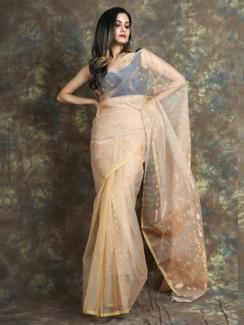 Arhi Beige & Gold-Toned Silk Cotton Jamdani Saree