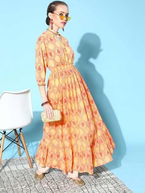 ZOLA Bright Yellow Cotton Swirling Volume Kurta
