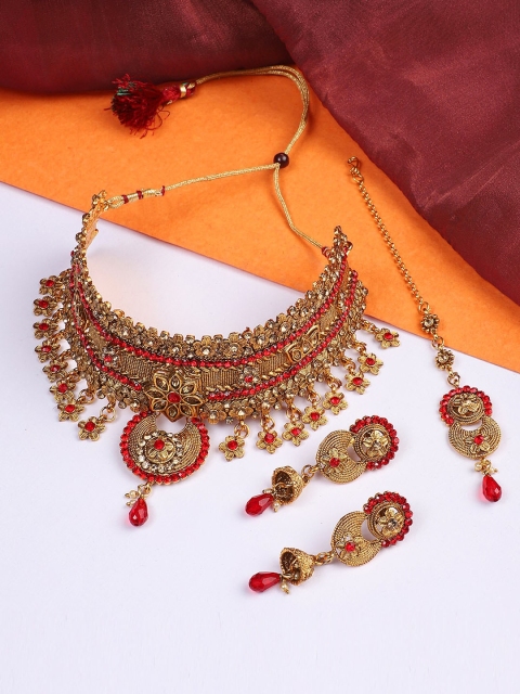 ANIKAS CREATION Gold-Plated & Red Stones-Studded & Beaded Cutwork And Floral Design Jewellery Set
ANIKAS CREATION Gold-Plated & Red Stones-Studded & Beaded Cutwork And Floral Design Jewellery Set