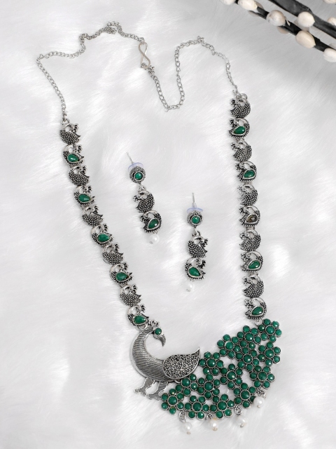 Crunchy Fashion Oxidised Silver-Plated Green Stone-Studded & White Beaded Jewellery Set
Crunchy Fashion Oxidised Silver-Plated Green Stone-Studded & White Beaded Jewellery Set