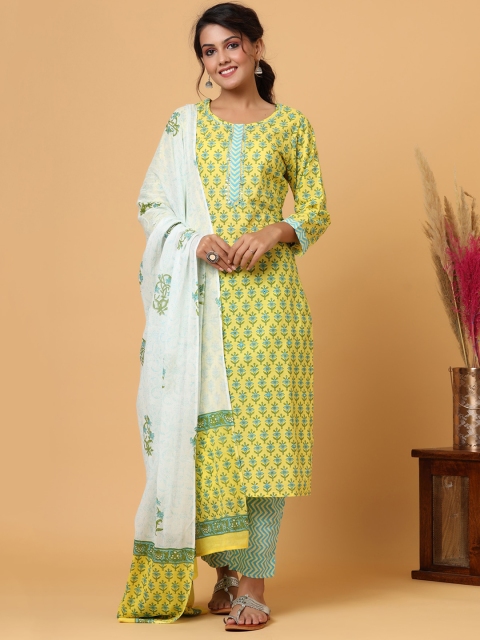 KAAJH Women Mustard Yellow & Sea Green Floral Printed Cotton Kurta Set