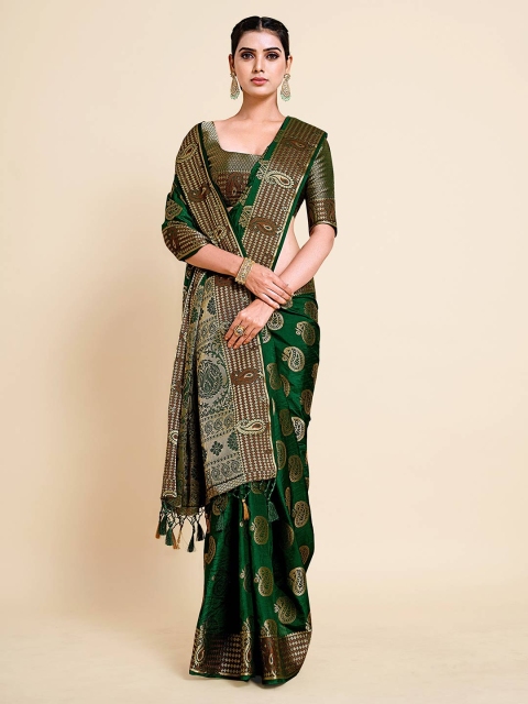 MIMOSA Green & Gold-Toned Paisley Zari Kanjeevaram Art Silk Saree