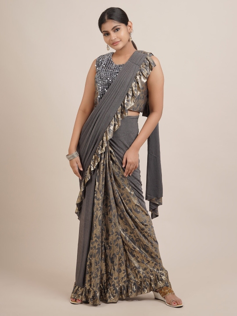Pothys Grey & Gold-Toned Printed Ruffles Saree