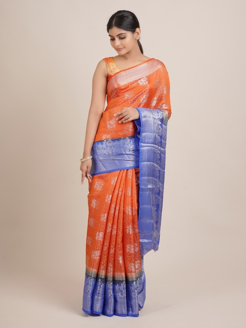 Pothys Orange & Blue Ethnic Motifs Zari Jute Silk Saree