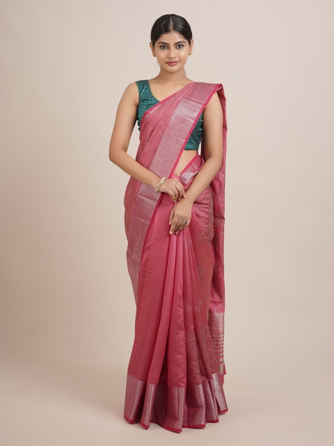 Pothys Pink & Silver-Toned Embroidered Jute Silk Saree