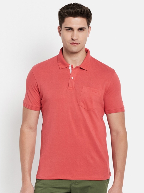 Octave Men Coral Pink Polo Collar Cotton T-shirt