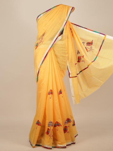 Pothys Yellow & Silver-Toned Zari Embroidered Saree