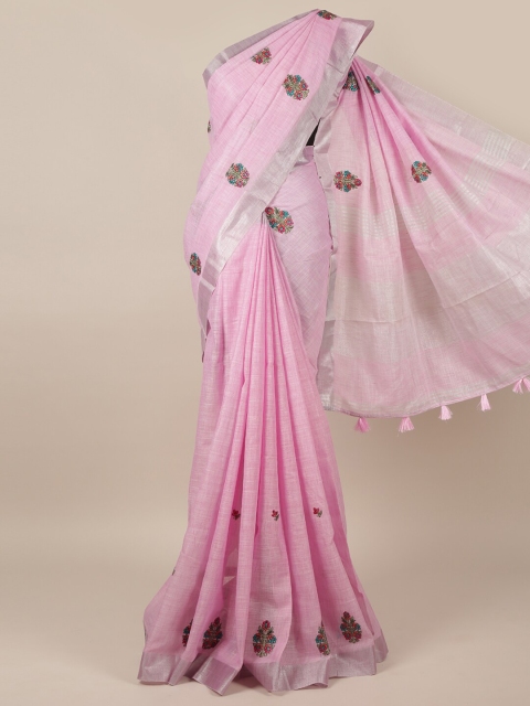 Pothys Pink & Red Ethnic Motifs Zari Linen Blend Saree