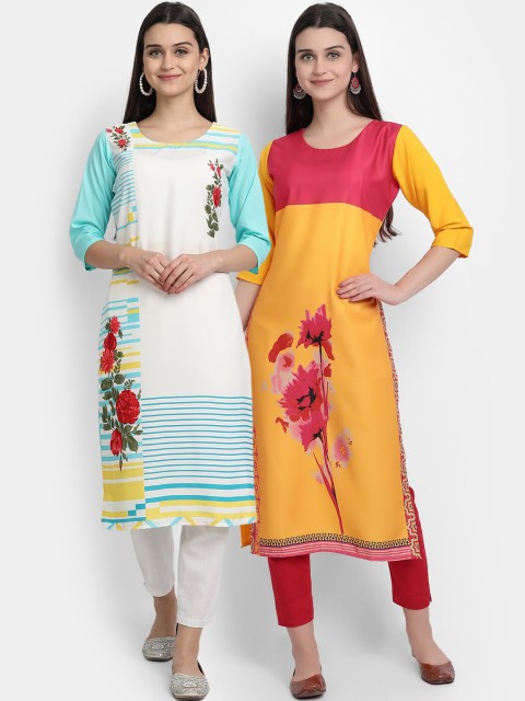 Ethnic basket Women Pack of 2 Multicoloured Floral Printed Crepe Kurta, Multi