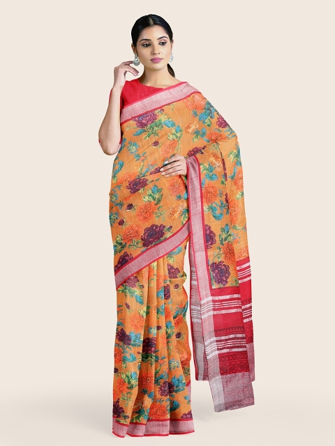 Pothys Orange & Pink Floral Jute Cotton Saree