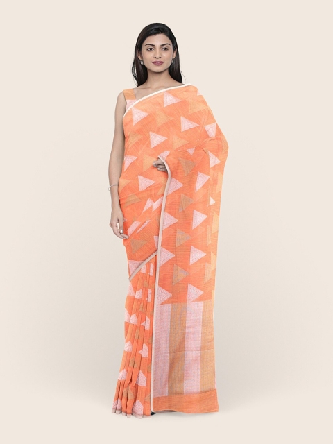 Pothys Orange & Silver-Toned Floral Zari Saree