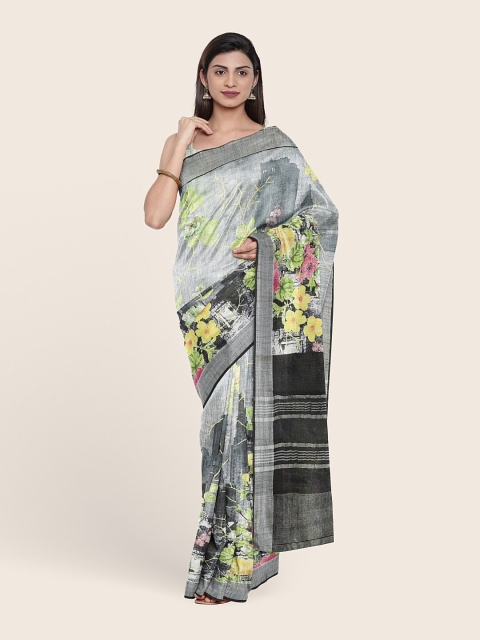 Pothys Grey & Green Floral Jute Cotton Saree