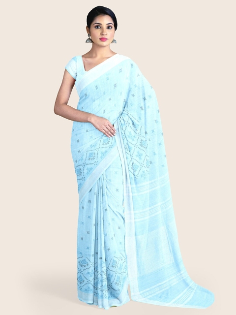 Pothys Blue & Silver-Toned Floral Zari Jute Cotton Saree